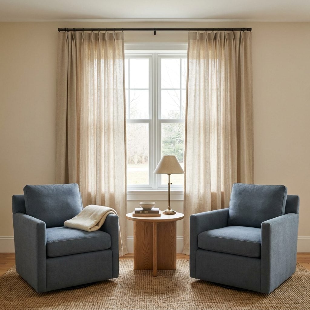 Contemporary sitting room where a low, narrow curtain rod lets open panels cover much of the window glass.