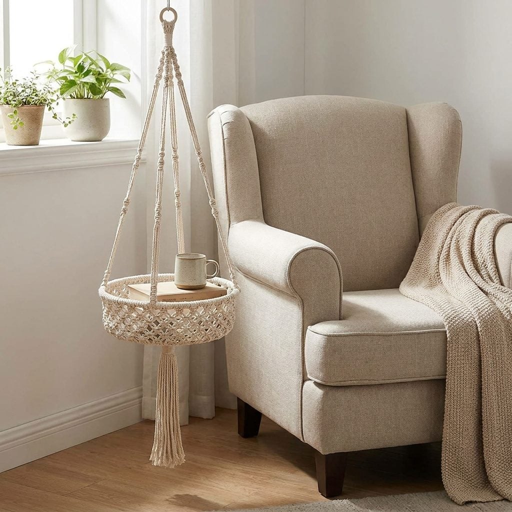 Hanging macramé side table beside a 1970s reading chair