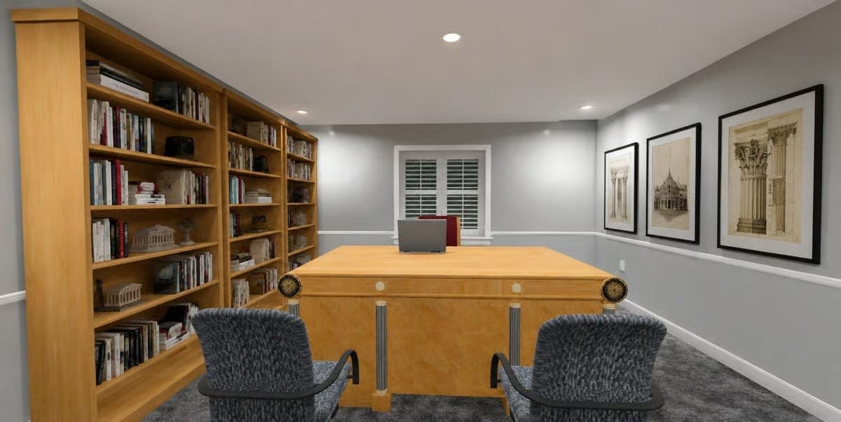 Built-In Shelves, Architectural Prints, and a Desk That Commands the Room