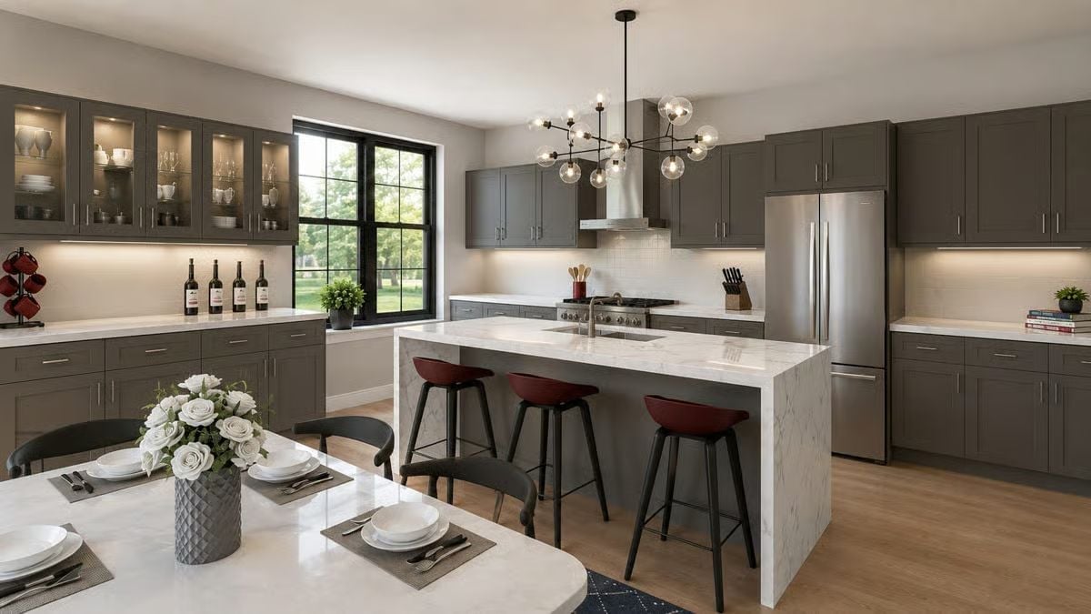 Dark Cabinetry, Marble Waterfall Island, and Barstools That Mean Business