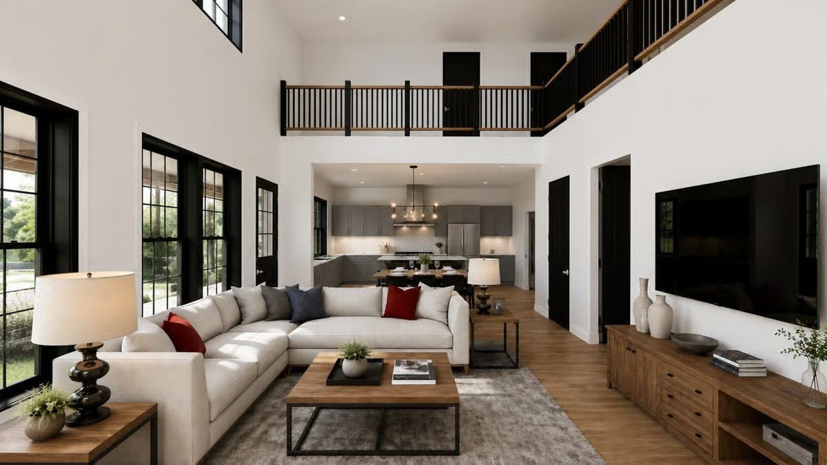 Double-Height Ceilings, Black Iron Railings, and a Sofa Big Enough to Mean It