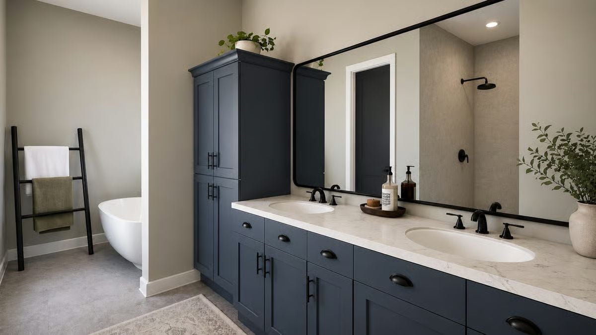 Navy Cabinets, Marble Counters, and a Freestanding Tub Visible Through the Partition
