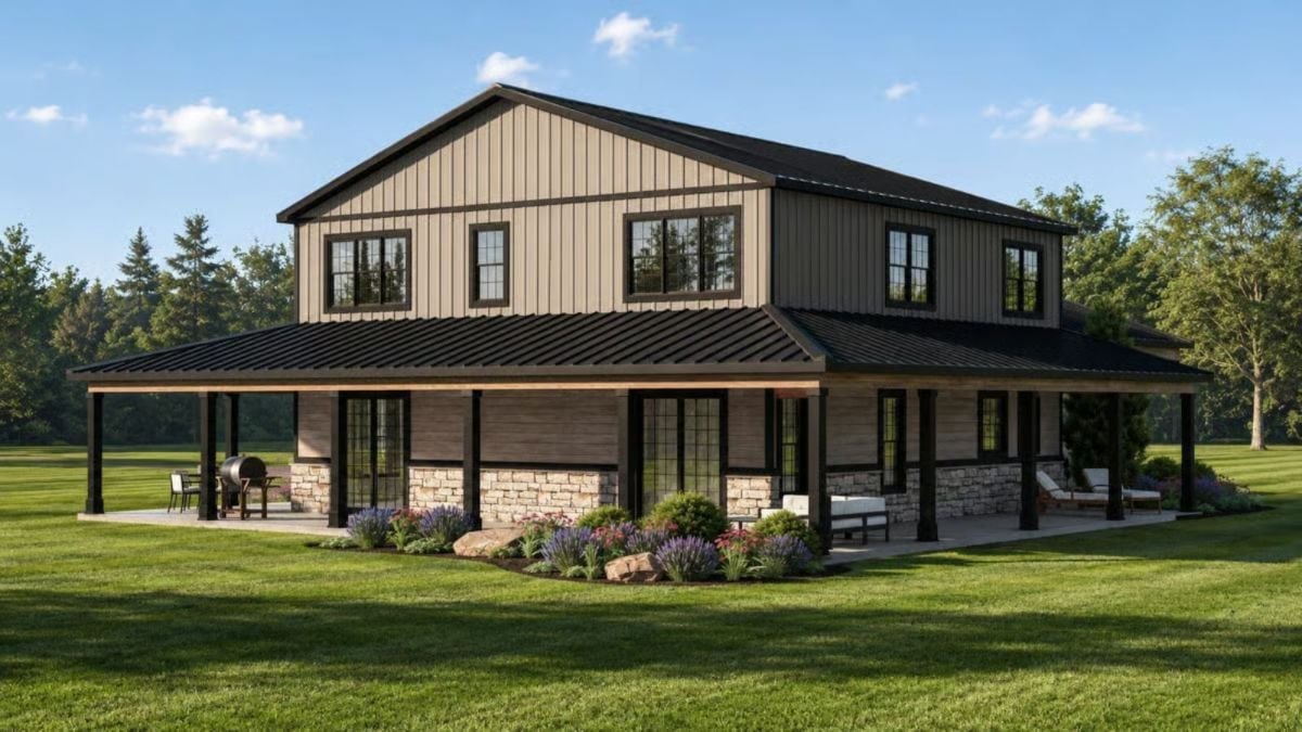 Stone Base, Metal Roof, and a Wraparound Porch Built to Outlast the Trend
