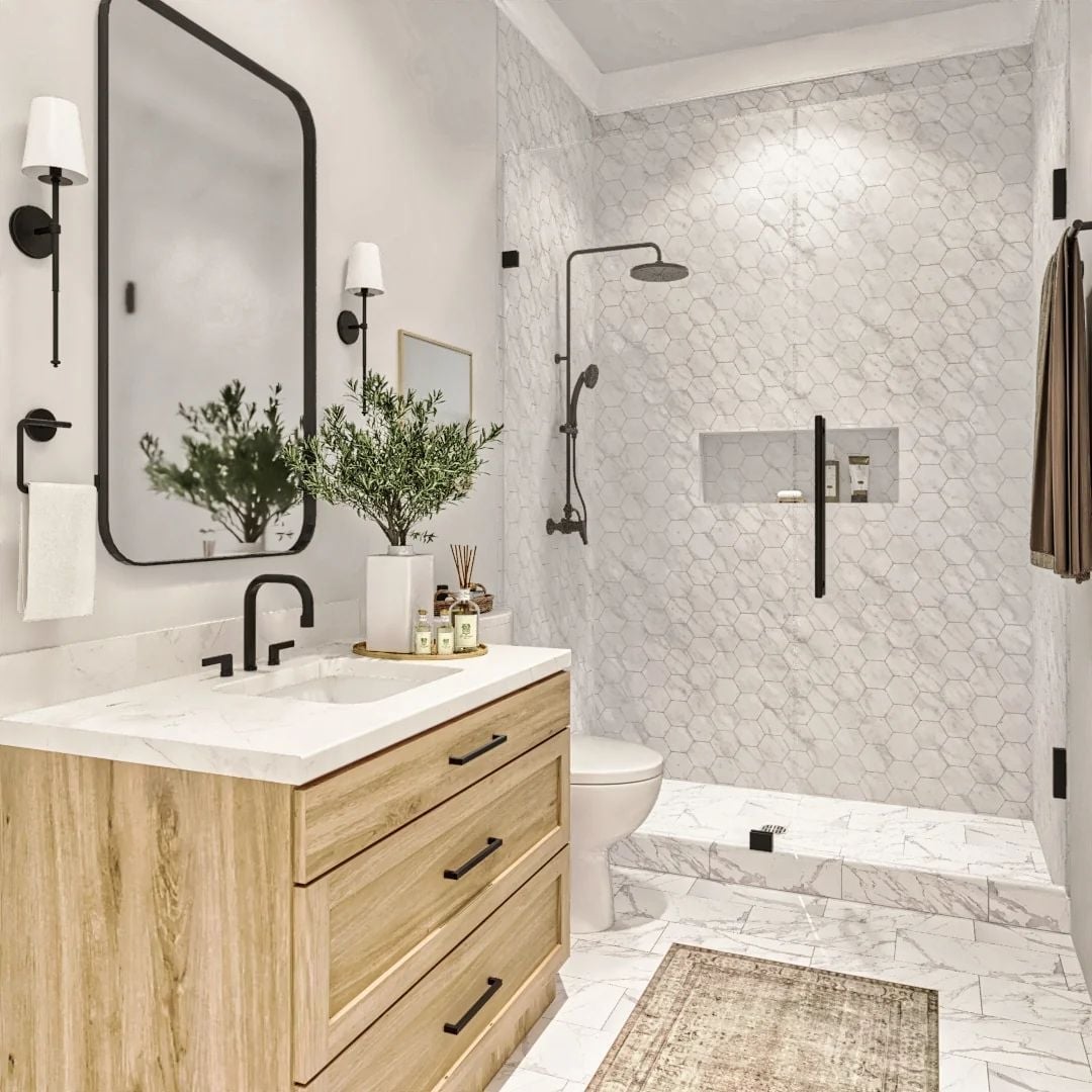 Light Wood Vanity, Matte Black Hardware, and Hexagon Tile That Earns the Spotlight