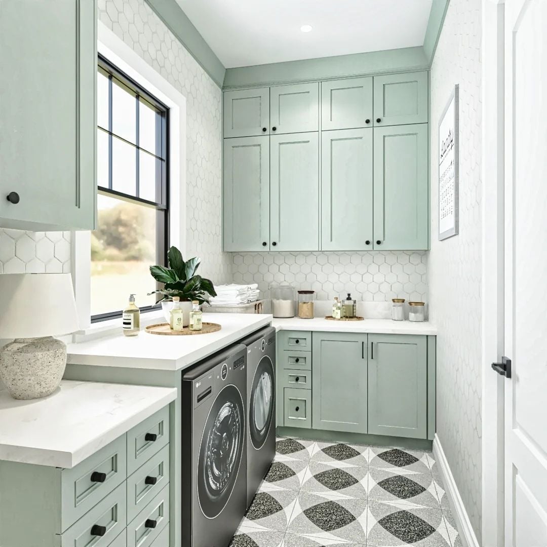 Sage Cabinets, Hex Tile Backsplash, and a Laundry Room That Actually Wants to Be Used