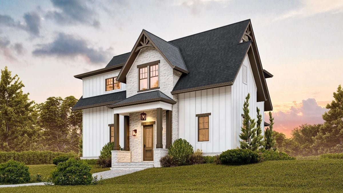 White Board-and-Batten, Stone Porch, and a Roofline That Earns Its Keep