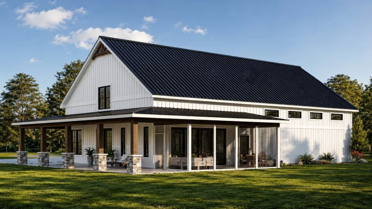 Black Metal Roof, Stone Columns, and a Porch Wide Enough to Mean It