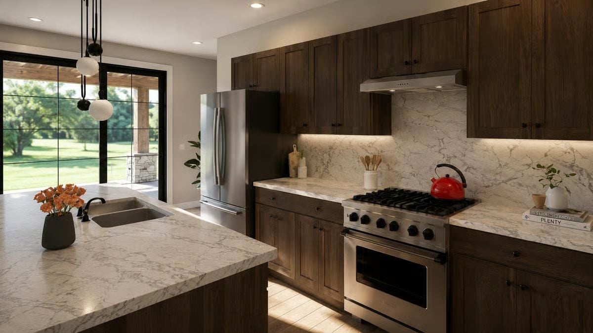 Marble Counters, a Red Kettle, and Dark Cabinets That Know Exactly What They're Doing