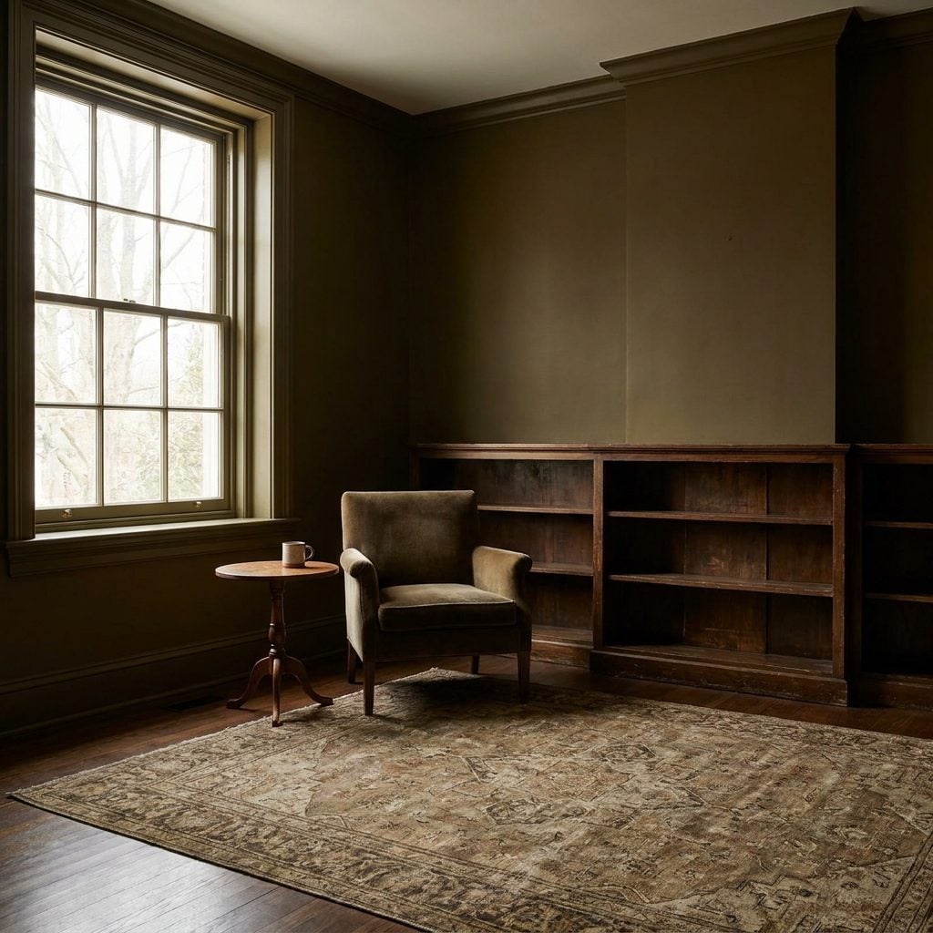 Large shadowed library with pale ceiling and dense muddy olive-green walls losing vibrancy in the corners.