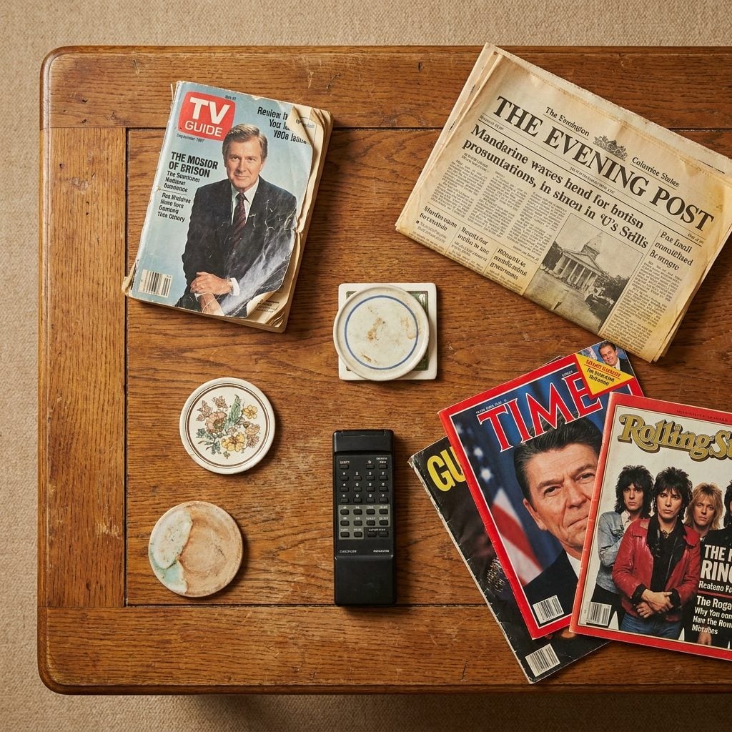The Heavy Wooden Coffee Table Covered With Everyday Stuff