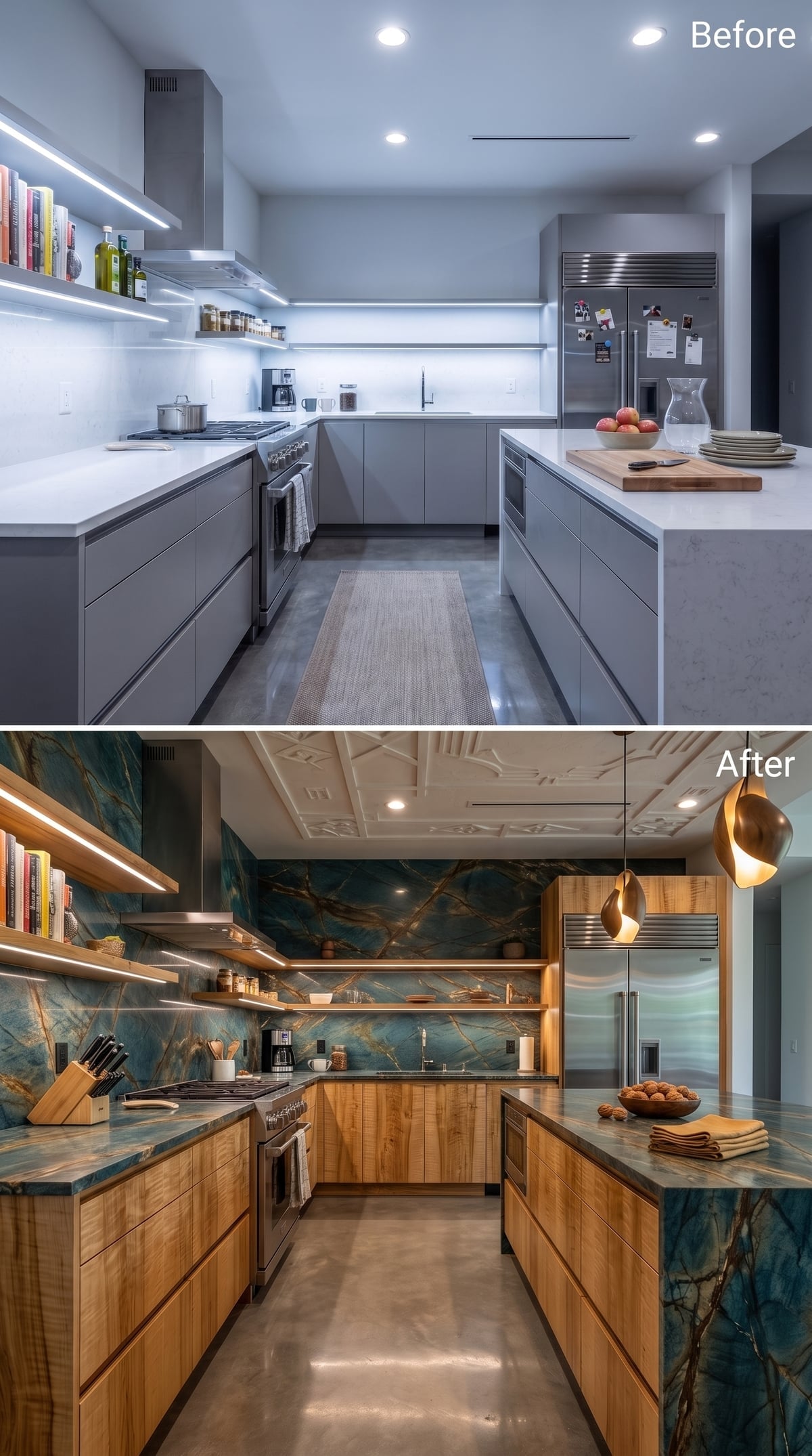 Blue Labradorite Stone, Open Shelving, and a Coffered Ceiling That Changes the Room's Register