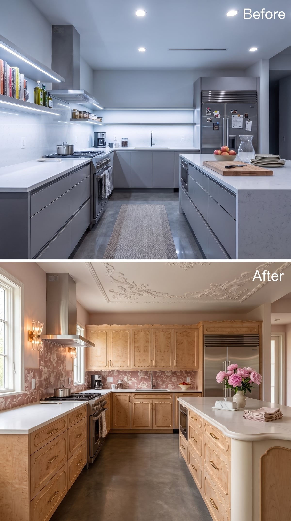 Burl Wood Cabinets, Floral Tile, and Plaster Ceiling Art That Earns Every Inch