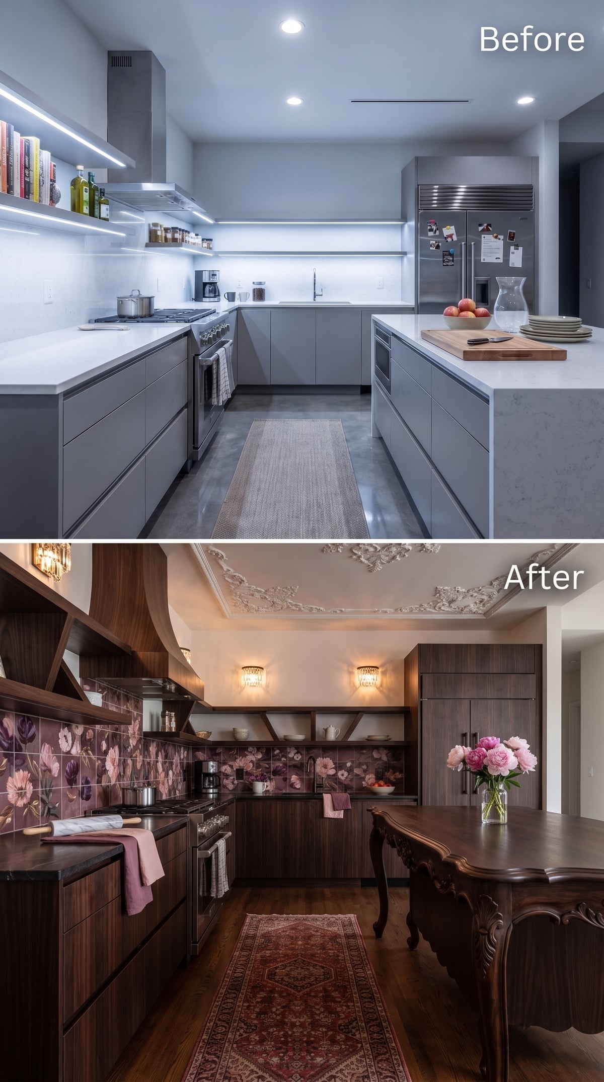 Dark Walnut, Floral Tile, and Plaster Medallions Changed Everything