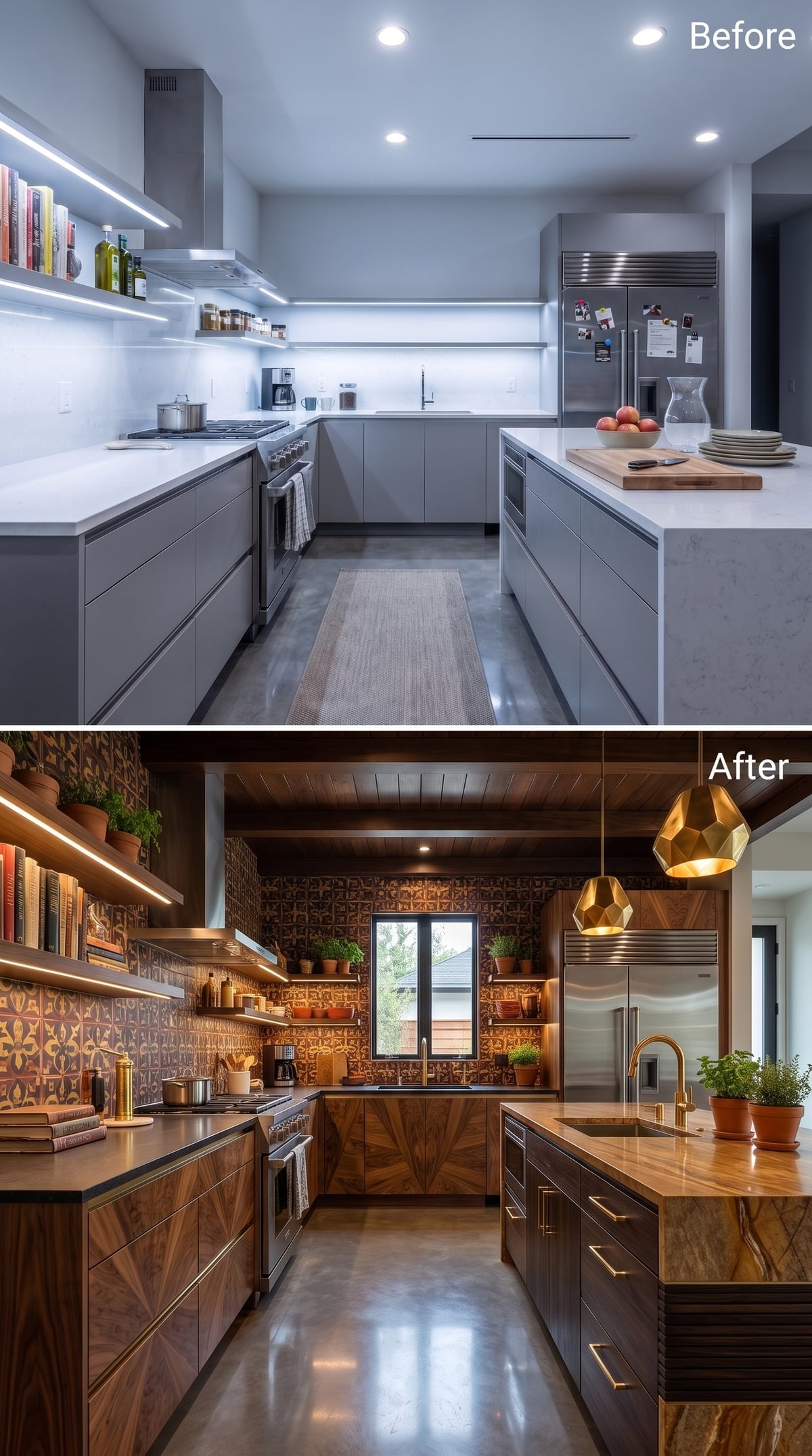 Dark Wood, Moroccan-Pattern Tile, and Gold Pendants That Finally Make the Room Feel Lived In