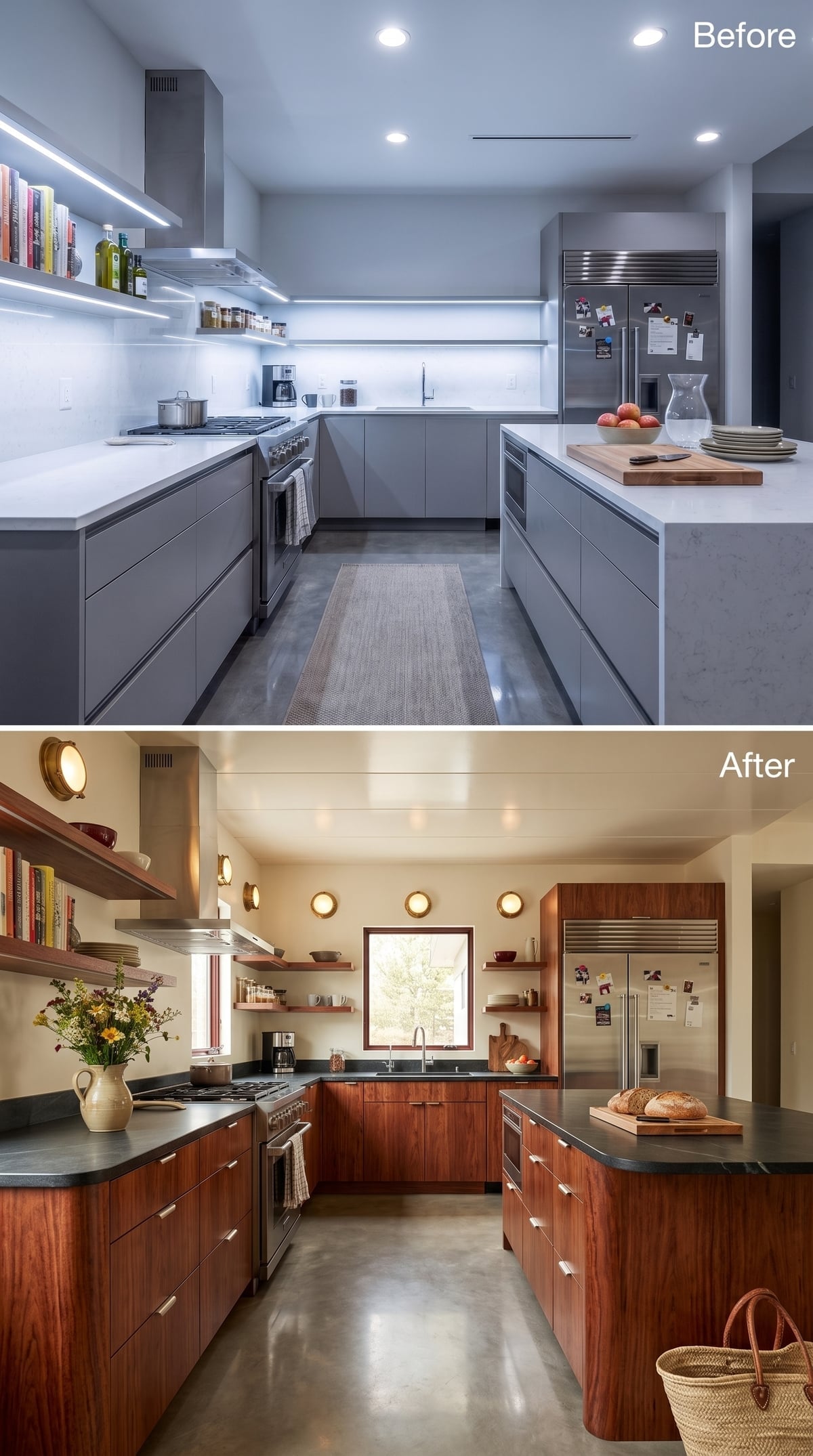 Floating Shelves, Walnut-Stained Wood, and Brass Porthole Sconces That Earn Their Quirk
