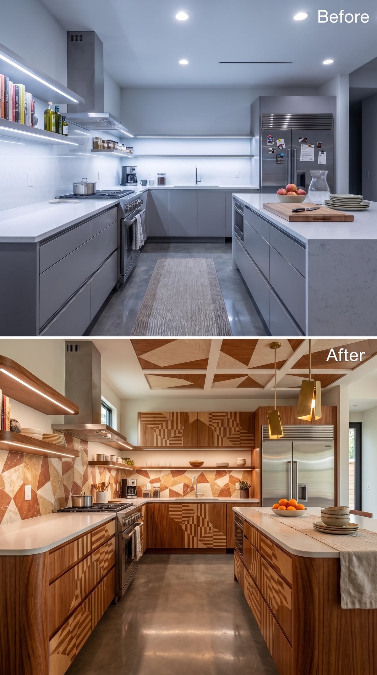 Geometric Wood Cabinets and a Patterned Ceiling Made the Cold Kitchen Disappear