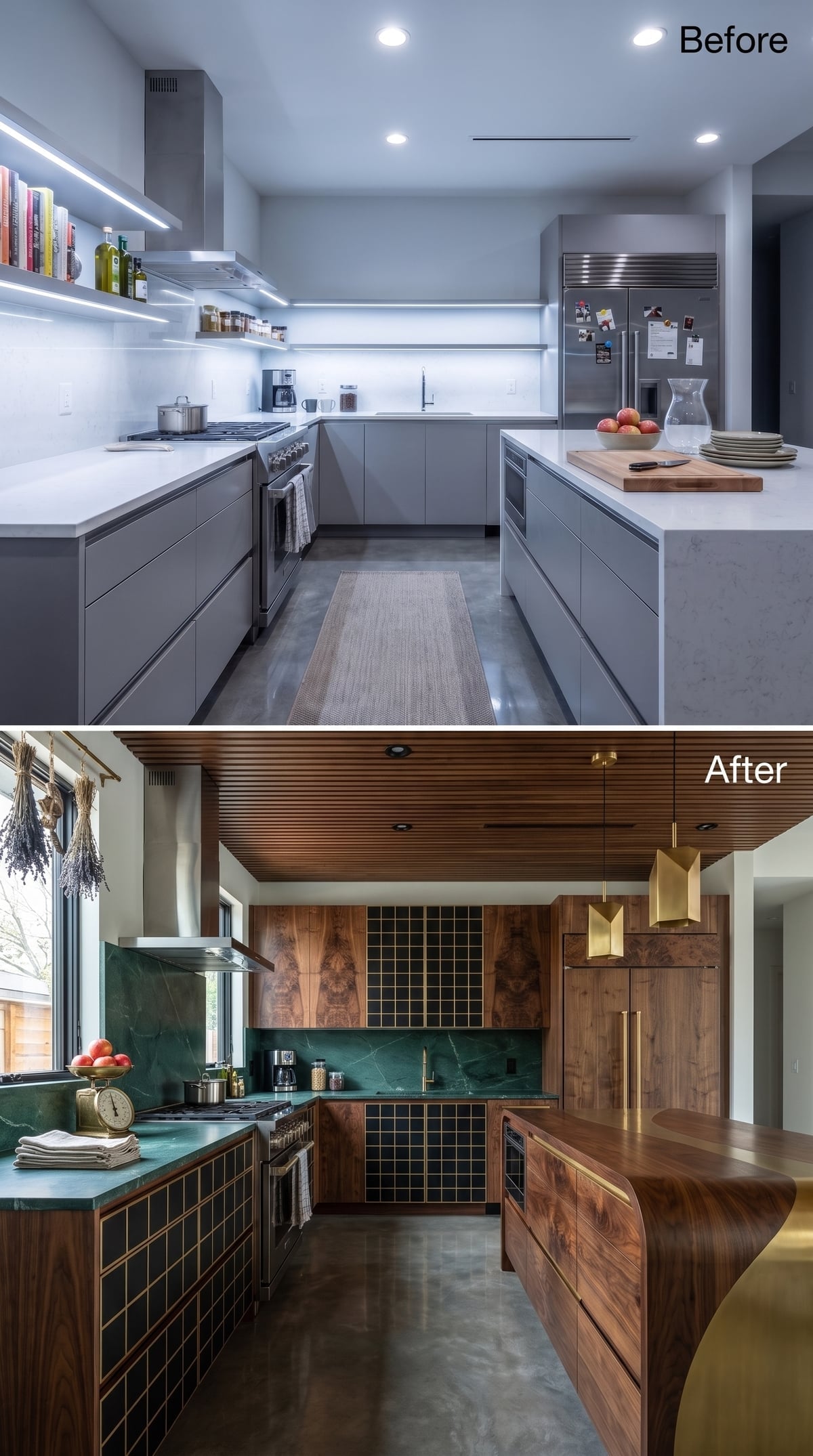 Green Marble, Walnut Grain, and Gold Hardware Walked Into a Kitchen Together