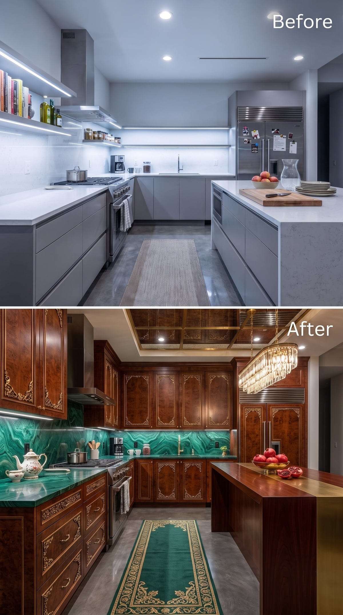 Malachite Countertops, Burl Wood Cabinets, and a Crystal Chandelier That Earns Every Inch
