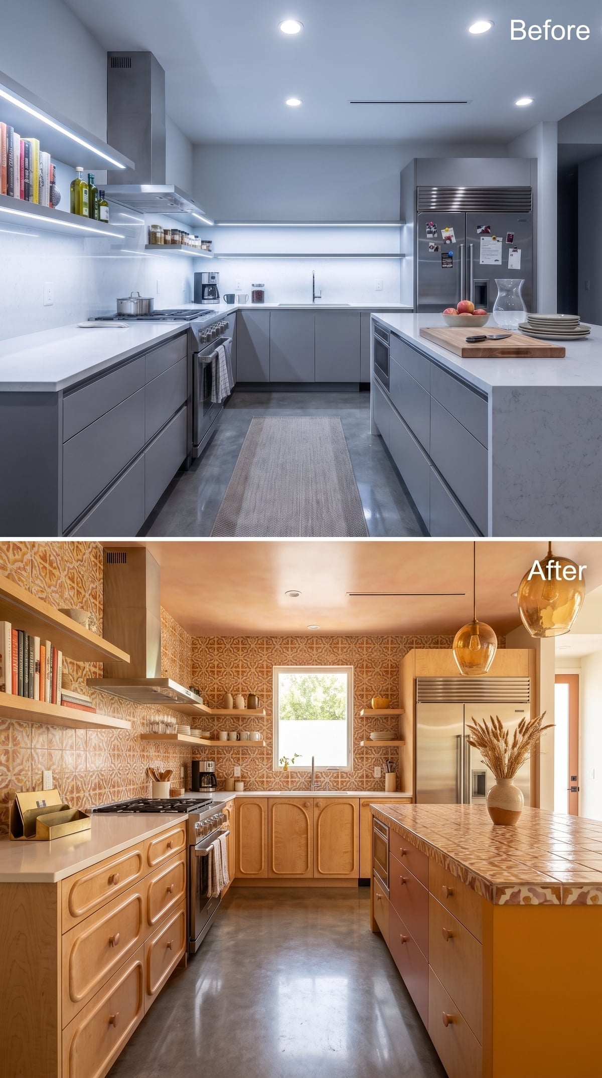 Maple Cabinets, Moroccan-Style Tile Floor to Ceiling, and Amber Glass That Pulls It Together