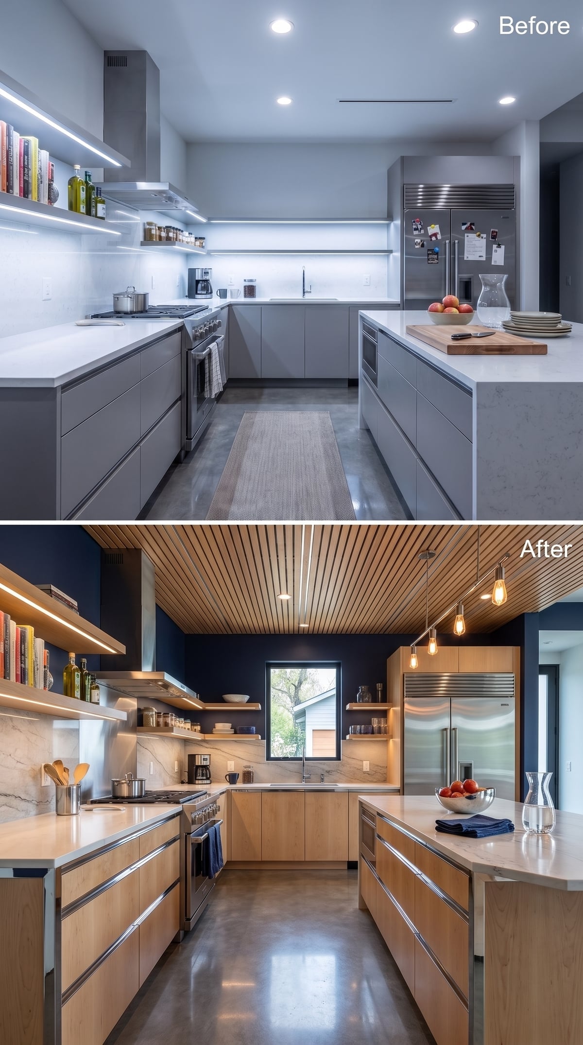 Navy Walls, Light Wood Cabinets, and a Slatted Ceiling That Earns the Warmth