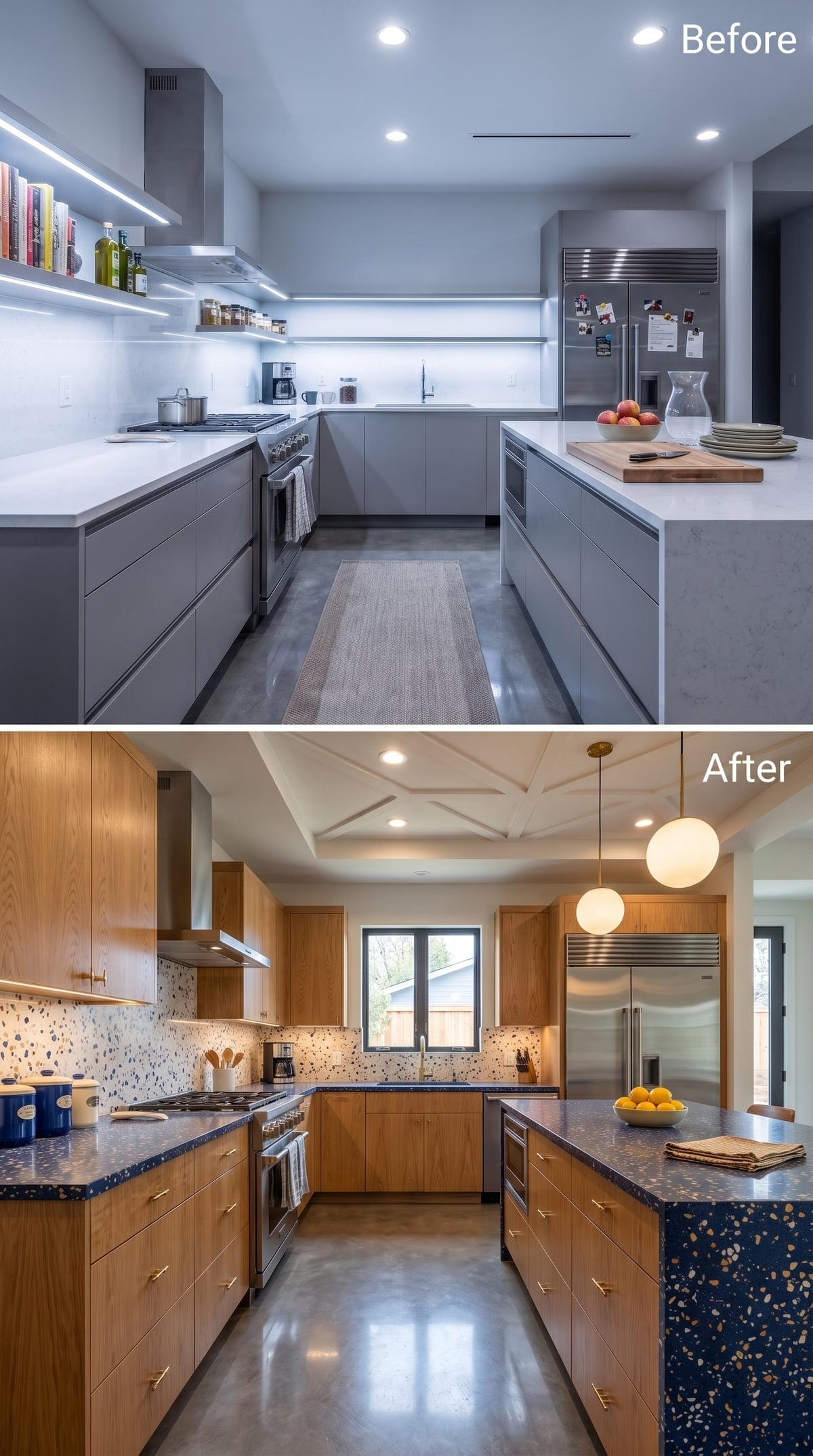 Oak Cabinets, Blue Terrazzo, and a Coffered Ceiling That Actually Earns Its Complexity