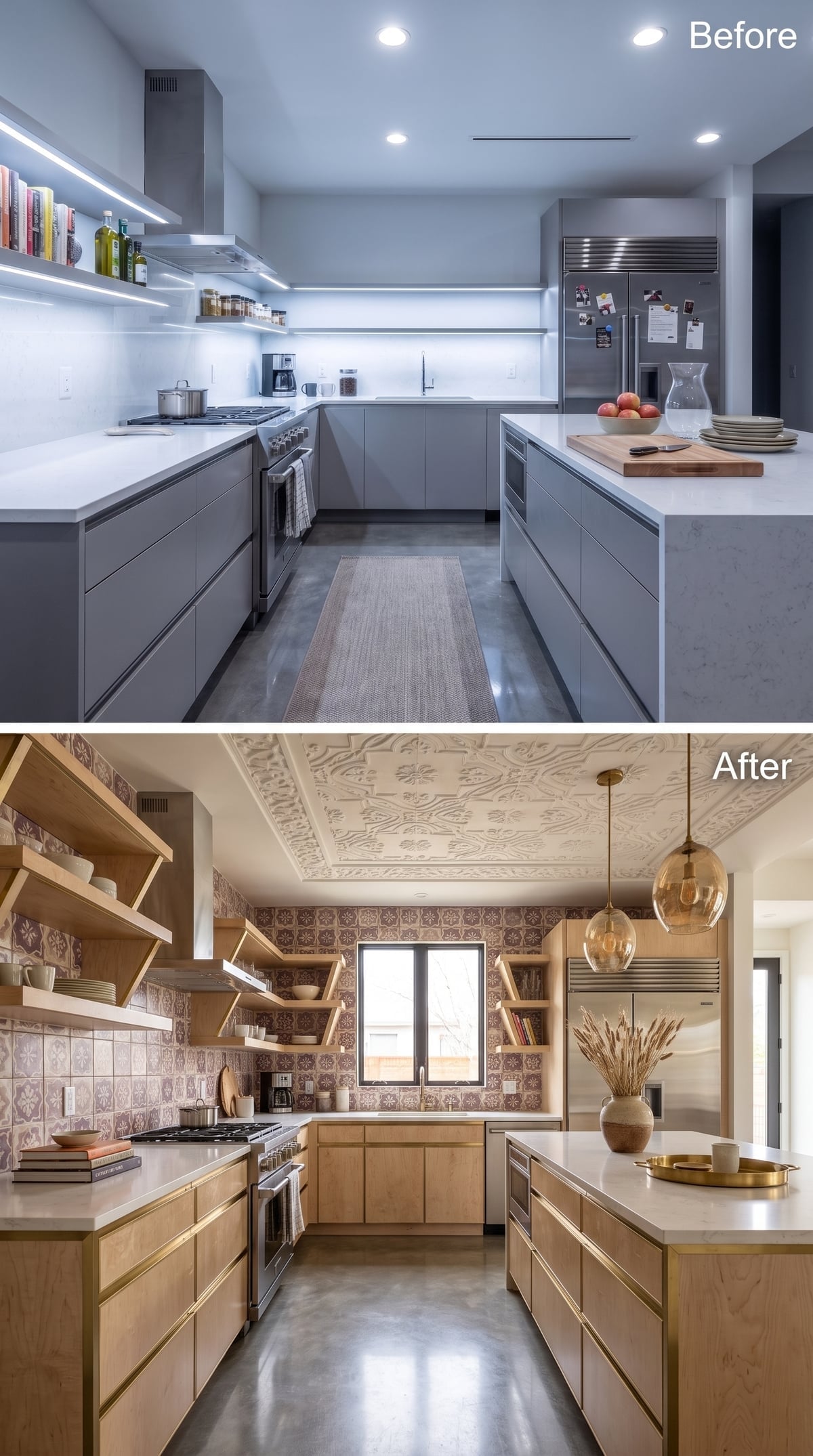 Patterned Tile From Counter to Ceiling and Maple Cabinets That Actually Feel Warm
