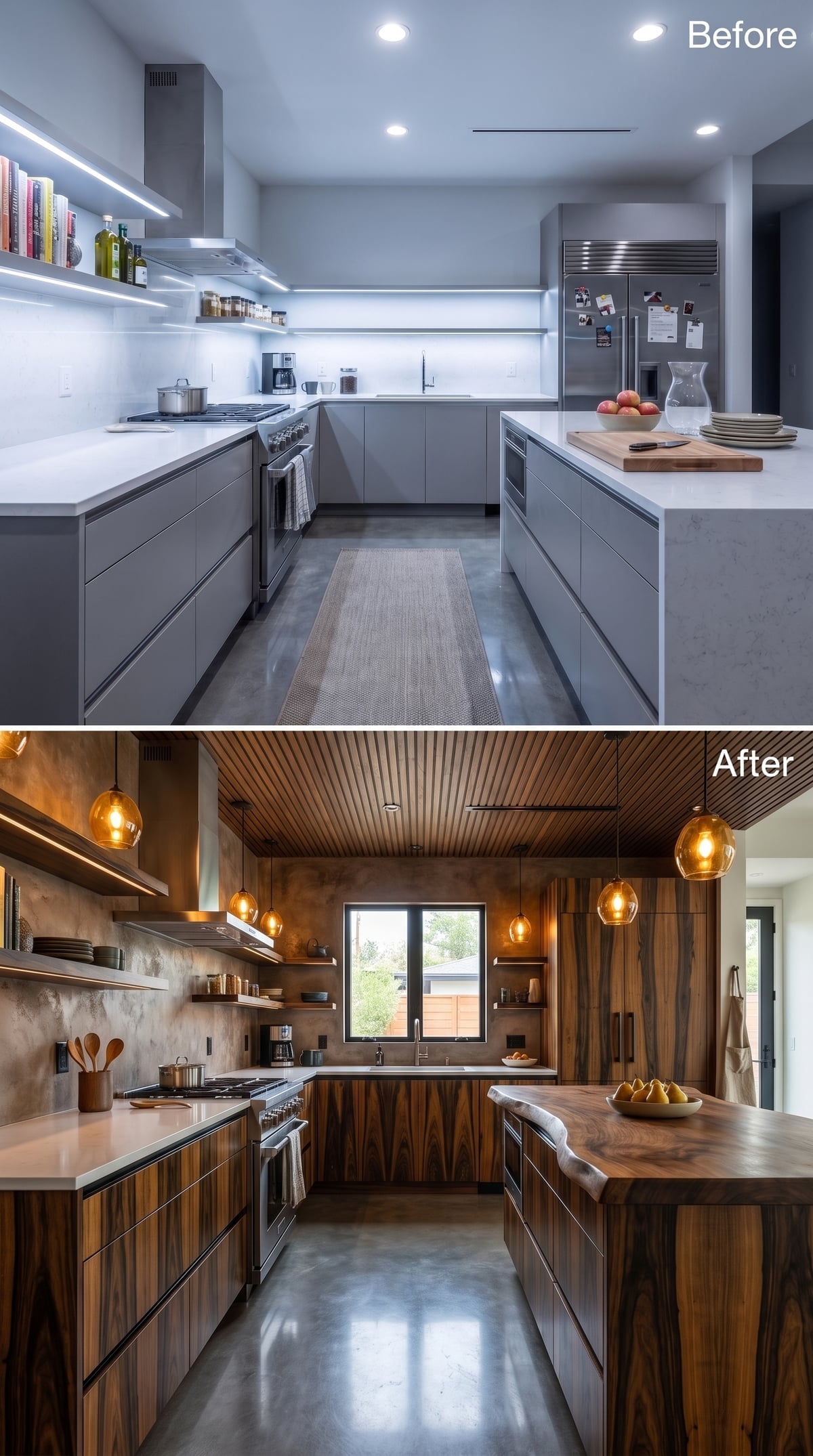 Rosewood Cabinets, Concrete Walls, and Amber Pendants That Do Real Work