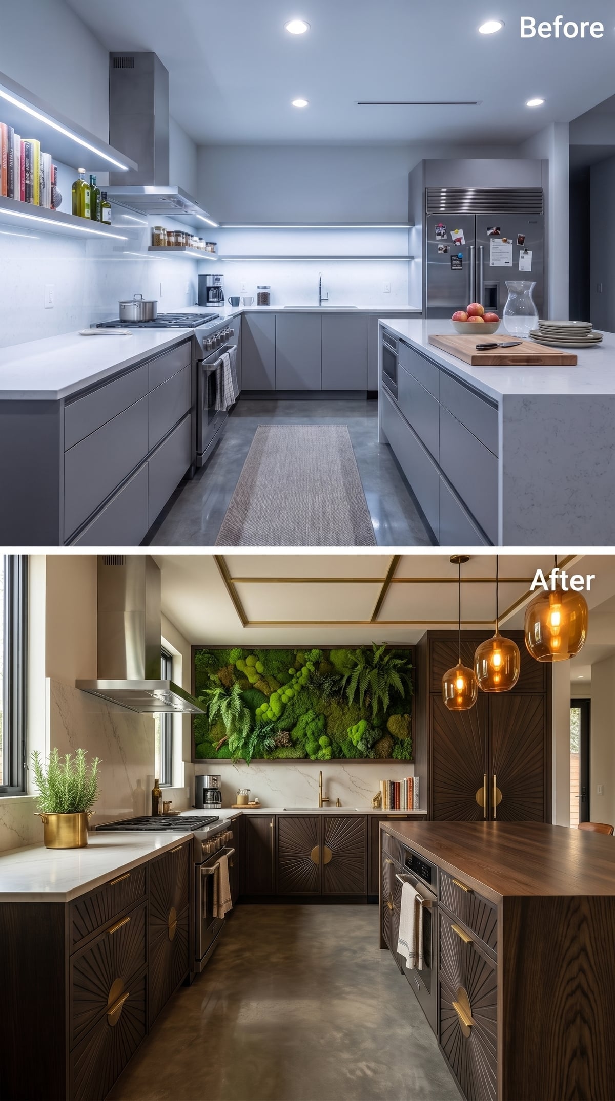 Sunburst Cabinet Doors, a Living Moss Wall, and Amber Pendants That Earn the Warmth