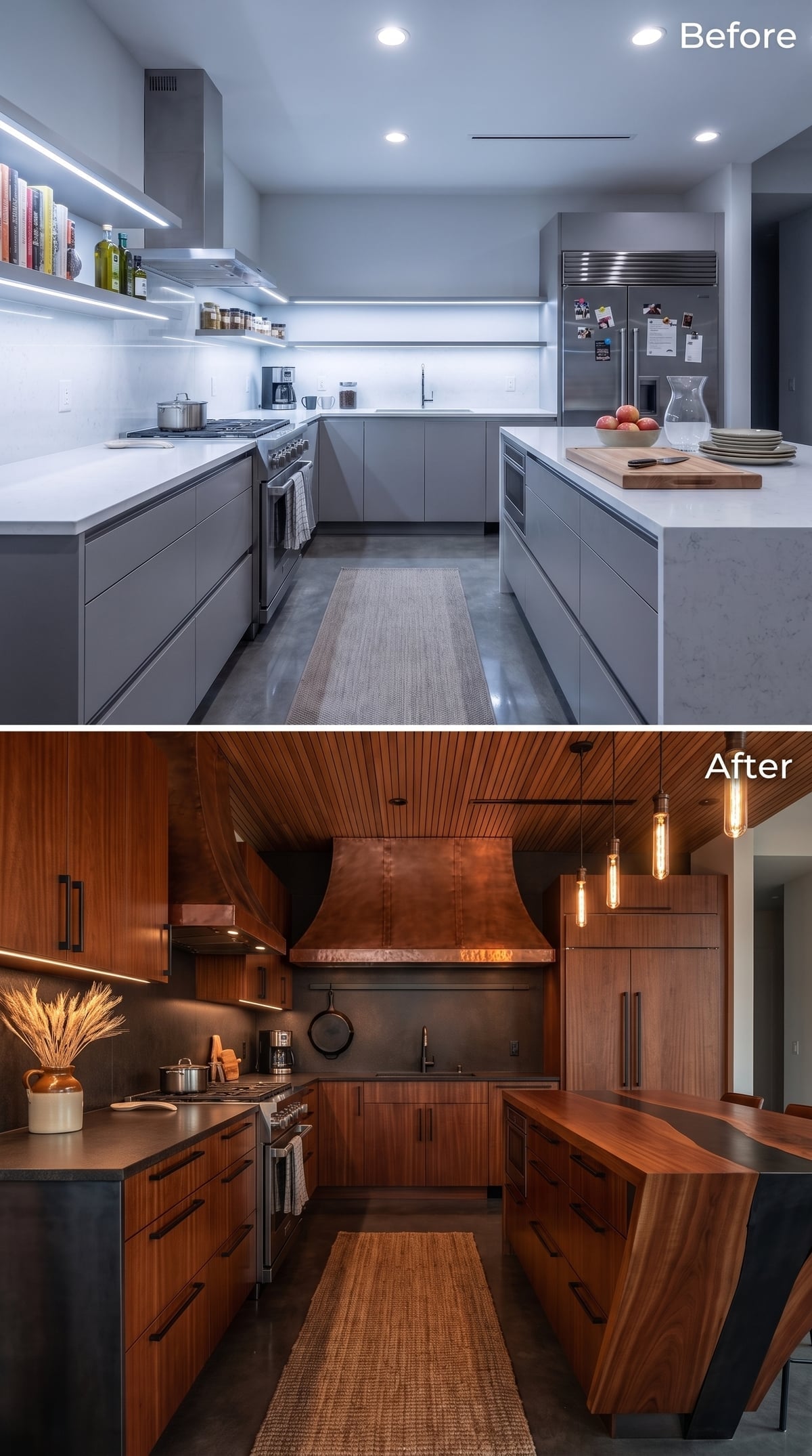 Walnut Cabinets, a Copper Hood, and Edison Pendants That Earn the Darkness