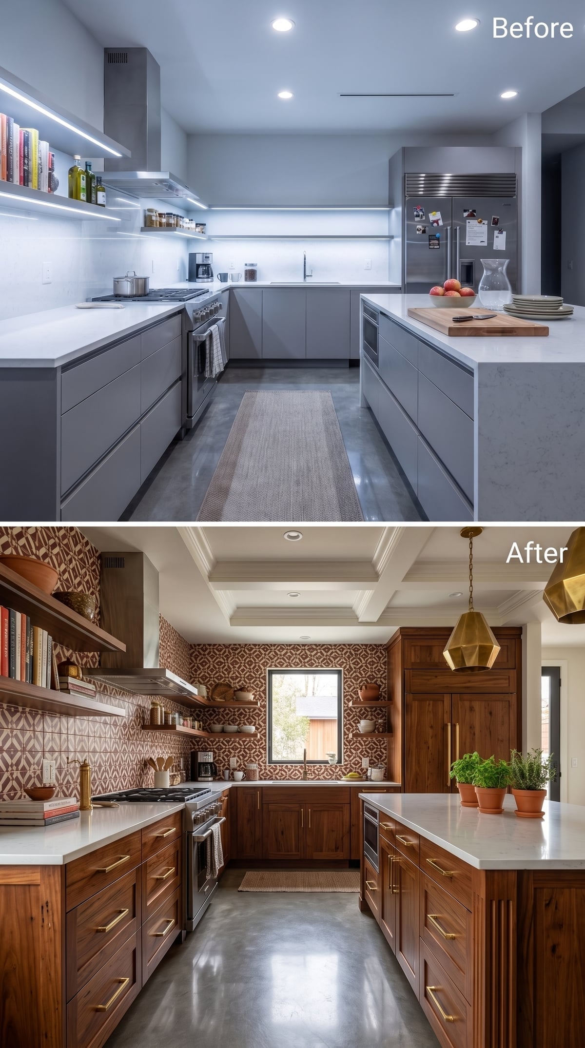 Walnut Cabinets, a Geometric Tile Wall, and Brass Pendants That Mean Business