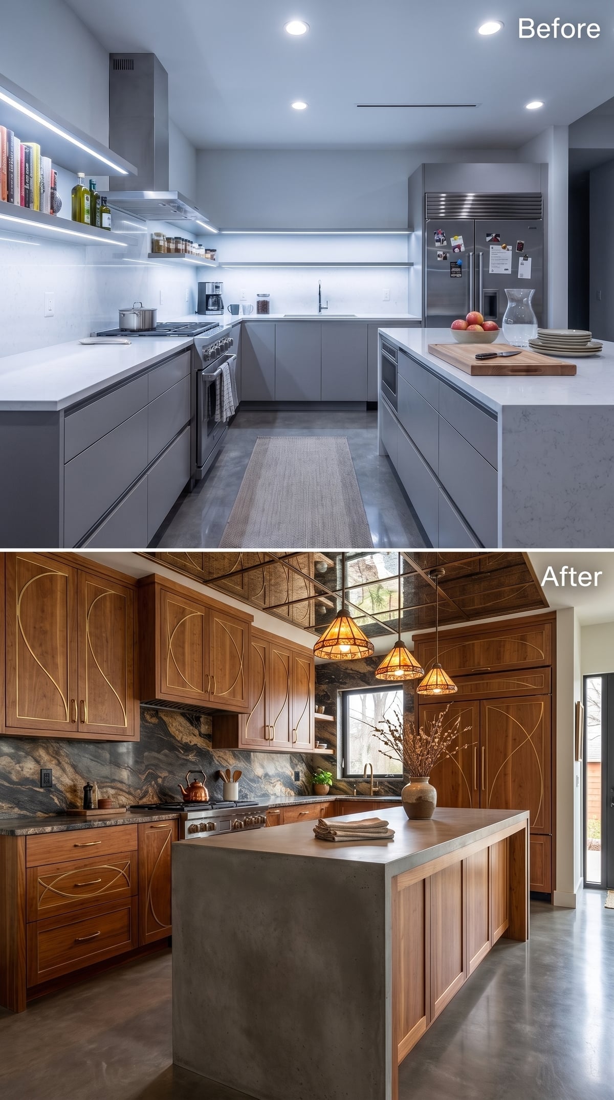 Walnut Cabinets With Gold Inlay, a Concrete Island, and Pendants That Earn Their Keep