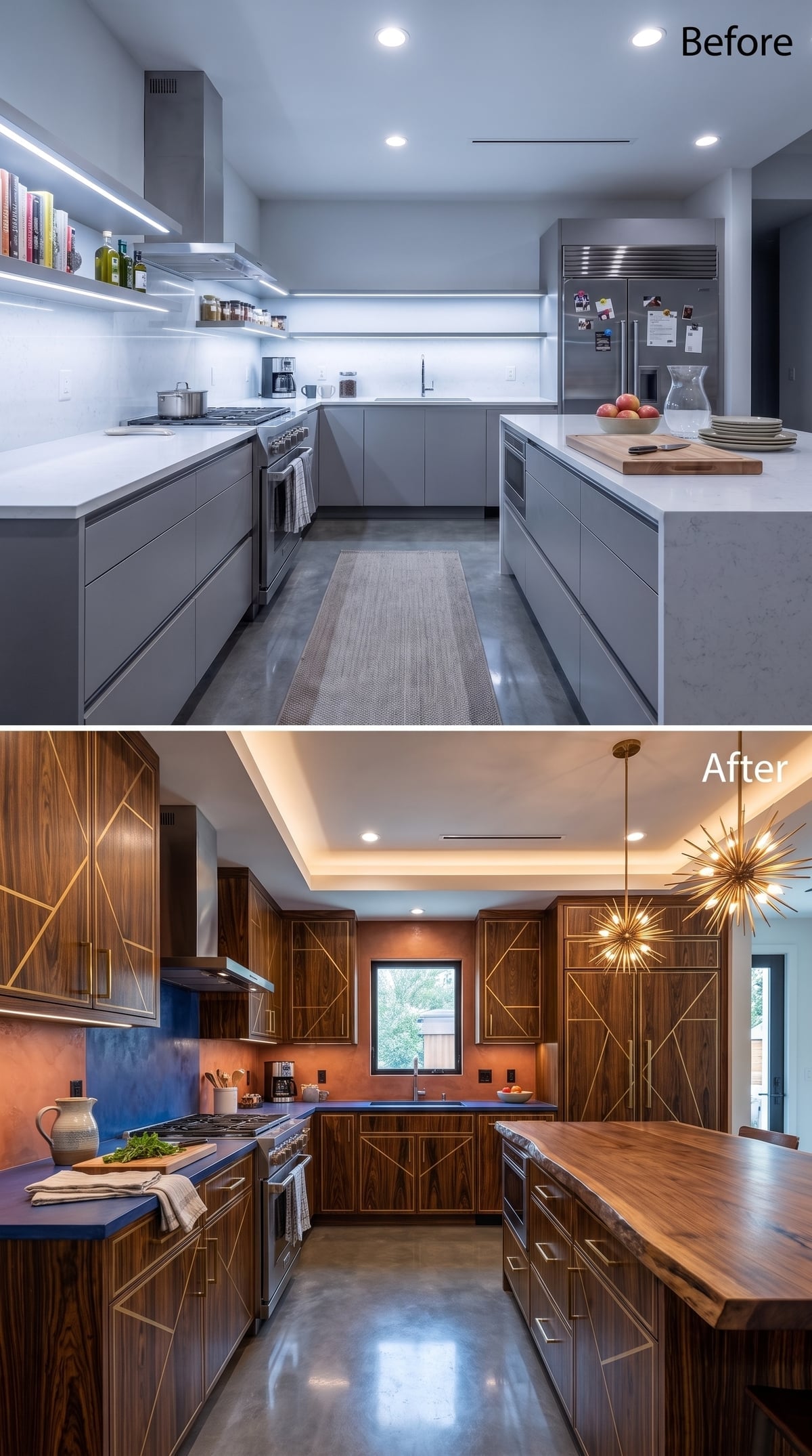 Walnut Cabinets With Gold Inlay Got a Sputnik Chandelier and Nobody's Complaining