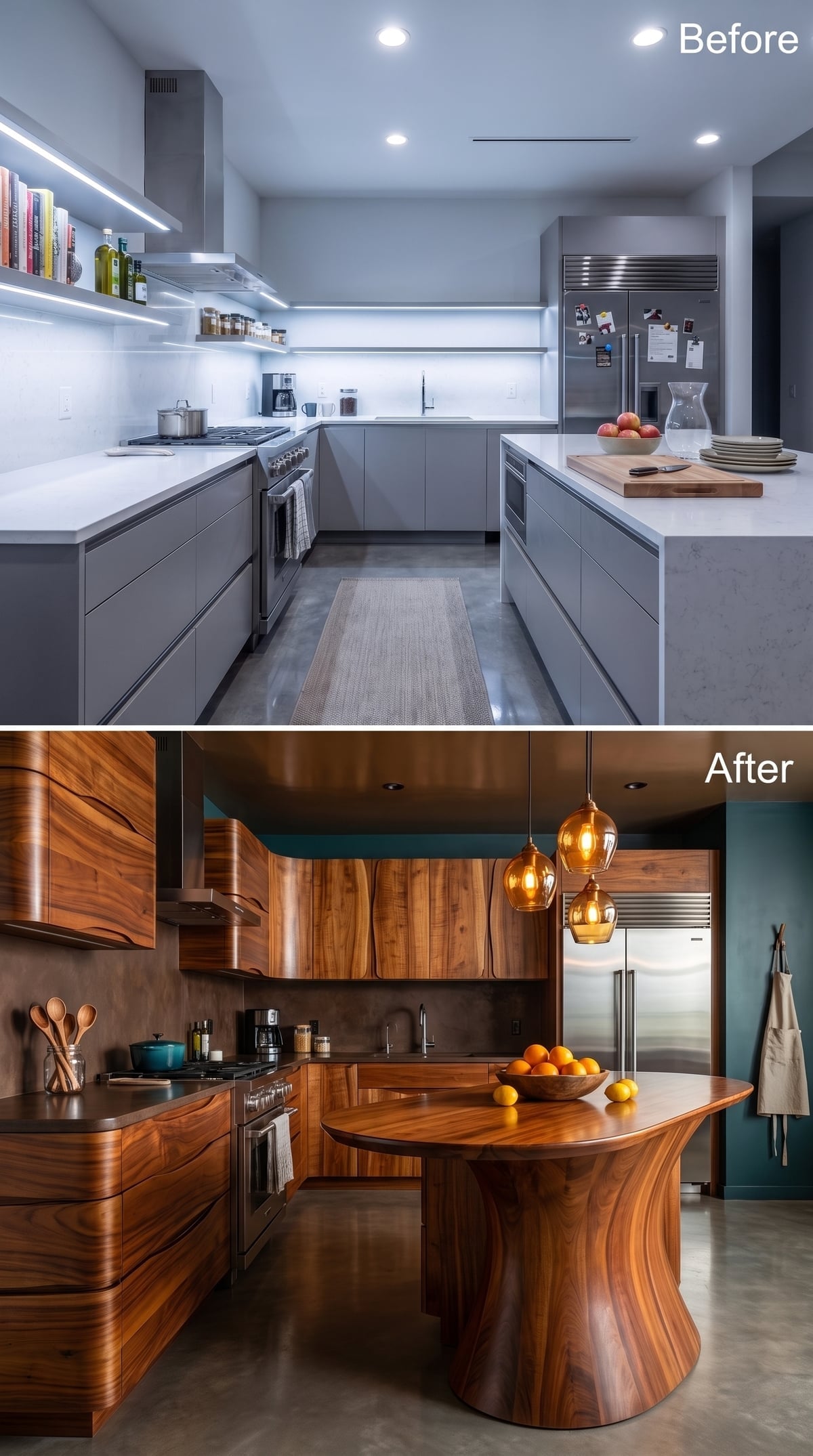 Walnut Grain, a Curved Island, and Amber Pendants That Actually Warm a Room