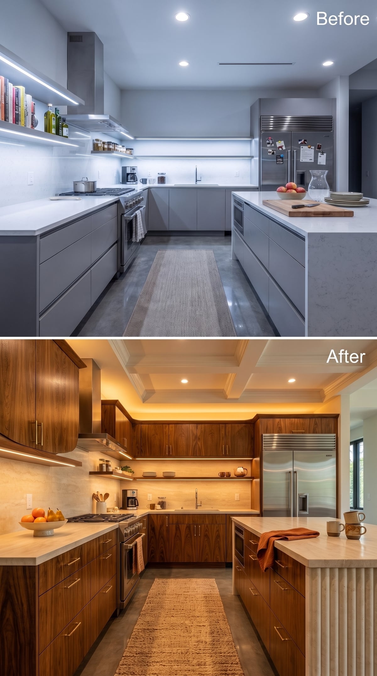 Warm Walnut Cabinets and Cove Lighting Turned the Coldness Into Something Inviting