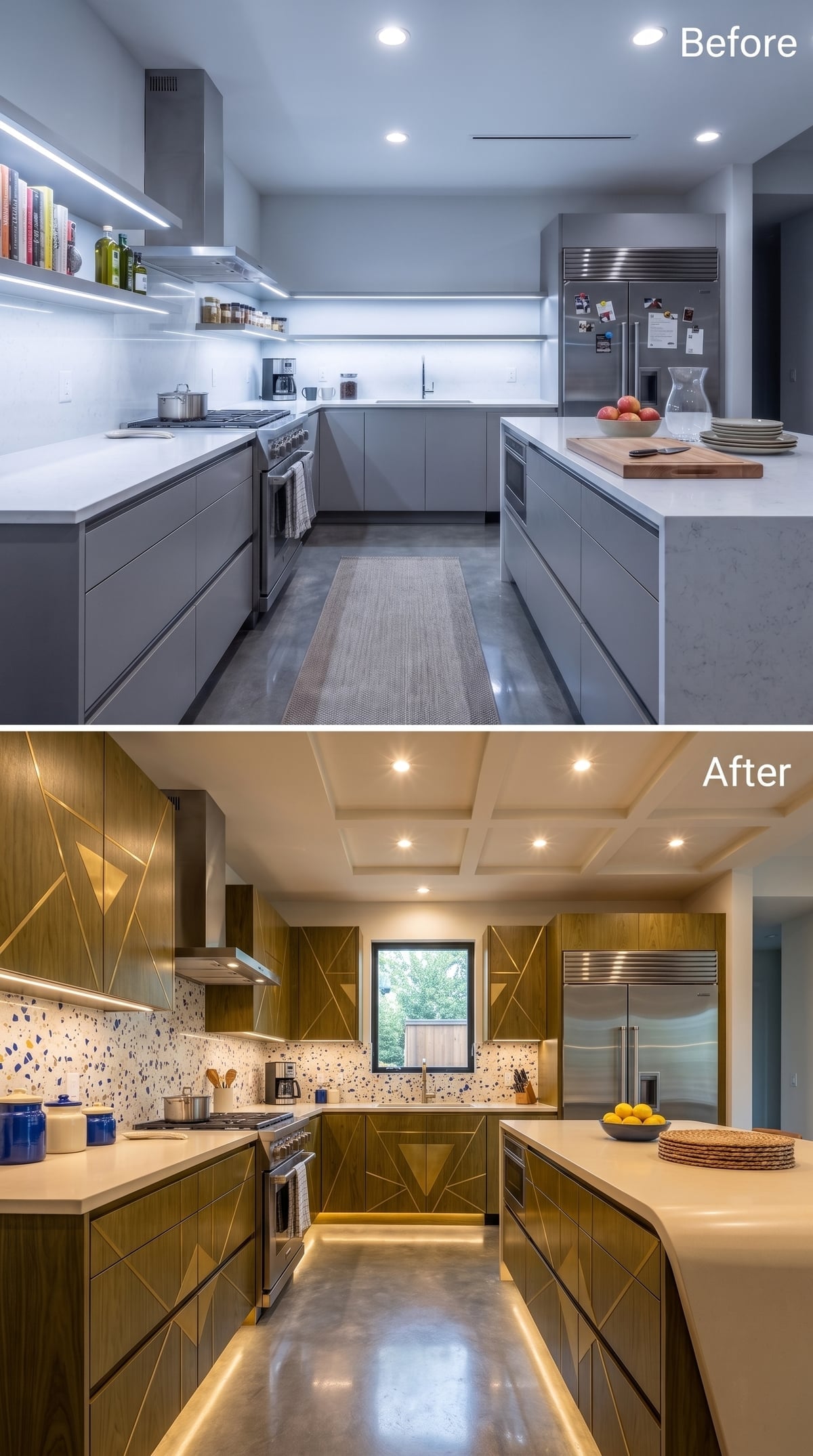 Wood Cabinets With Gold Geometry, Terrazzo Backsplash, and Toe-Kick Glow
