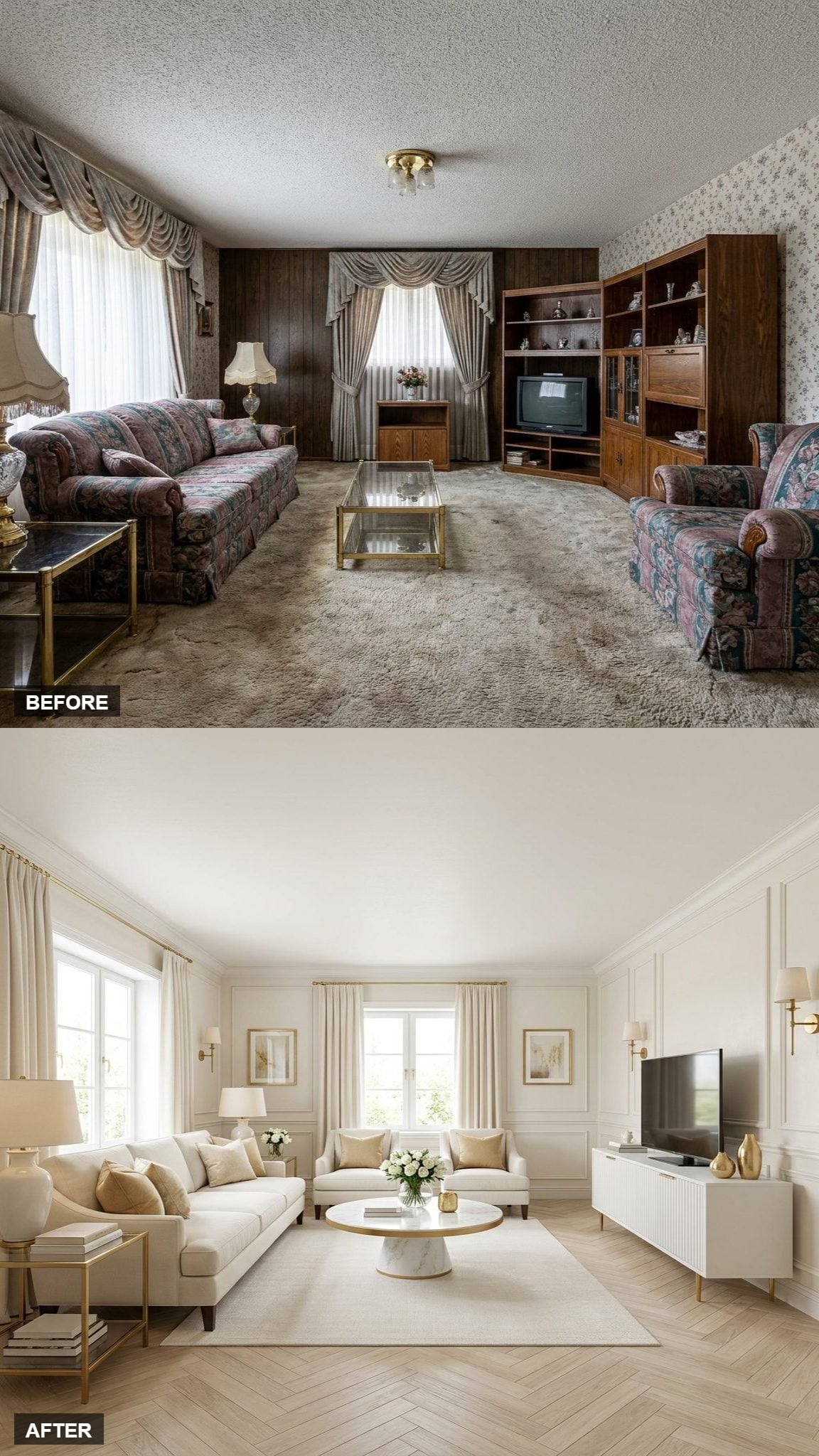 Herringbone White and Gold Room That Lets the Floor Talk