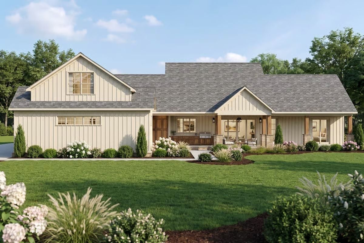 Board-and-Batten Cream Siding and a Covered Patio Built for Long Summer Evenings