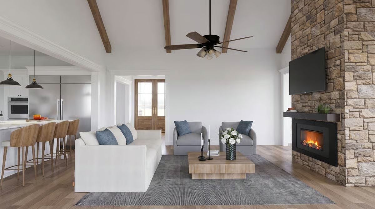 Stone Fireplace Column and Vaulted Beams Pull the Whole Room Together