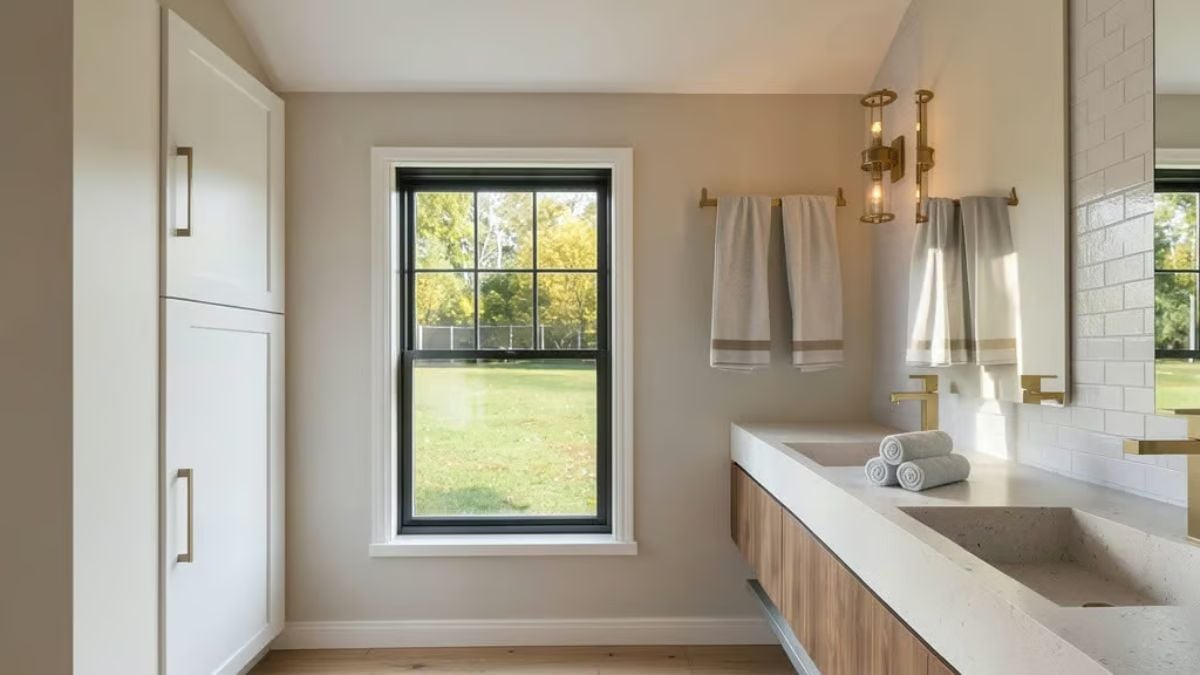 Brass Sconces and a Floating Wood Vanity That Don't Try Too Hard