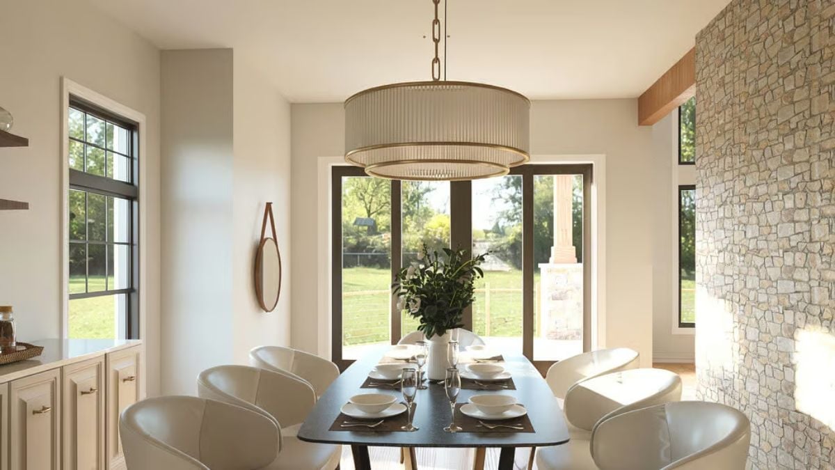 Drum Shade Chandelier and Cream Leather Chairs That Mean Business at Dinner