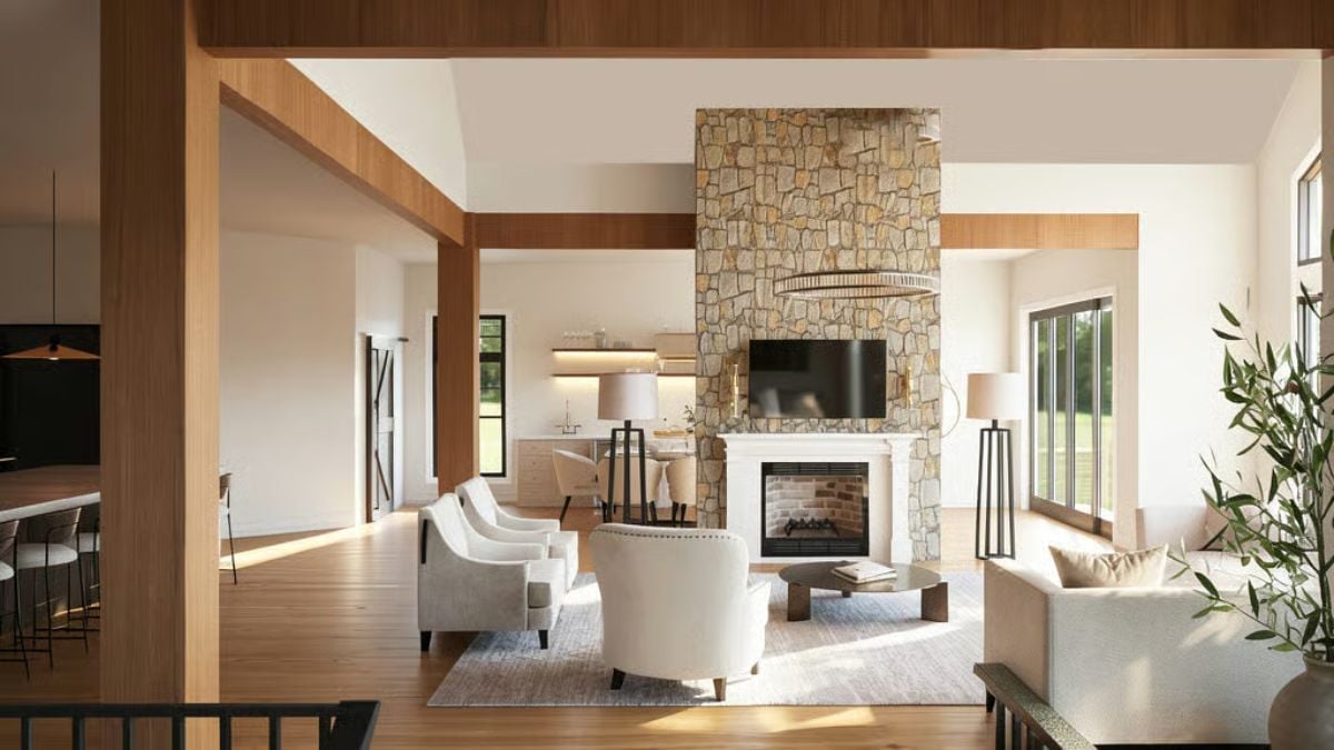 Floor-to-Ceiling Fieldstone and a Fireplace That Anchors the Whole Room