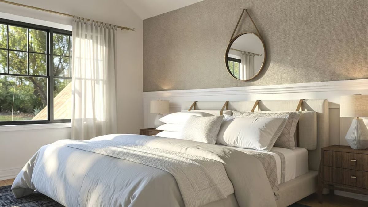 Leather Strap Headboard Details and Layered Whites That Make a Bed Hard to Leave
