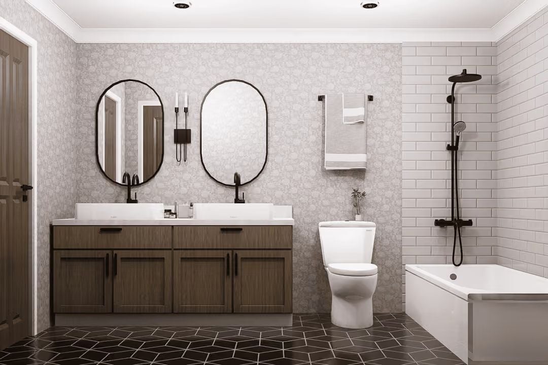 Dark Hex Floors and Matte Black Hardware Give This Bathroom Real Edge