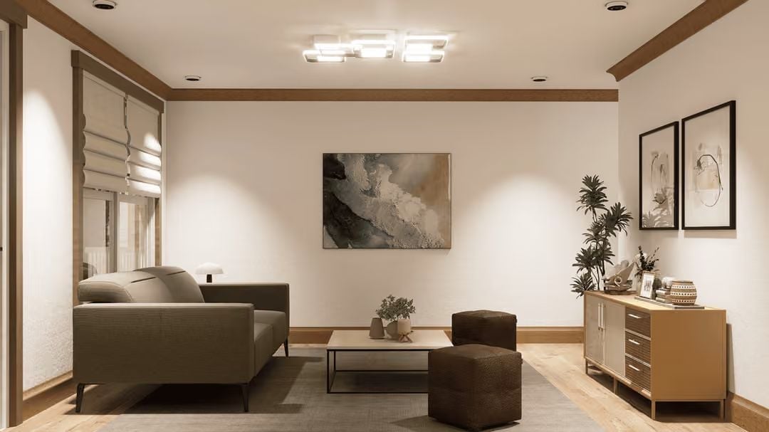 Warm Wood Trim and Low-Profile Furniture Give This Living Room Its Quiet Confidence