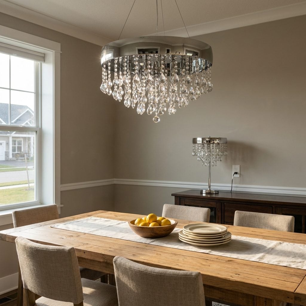 Casual wood-furnished dining room with an oversized chrome-and-crystal chandelier and a matching sparkly chrome lamp.