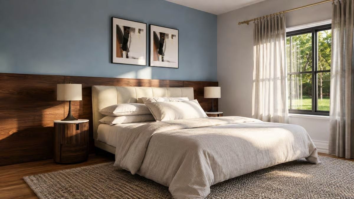 Dusty Blue Walls and a Wood Panel Headboard That Actually Earns Its Square Footage