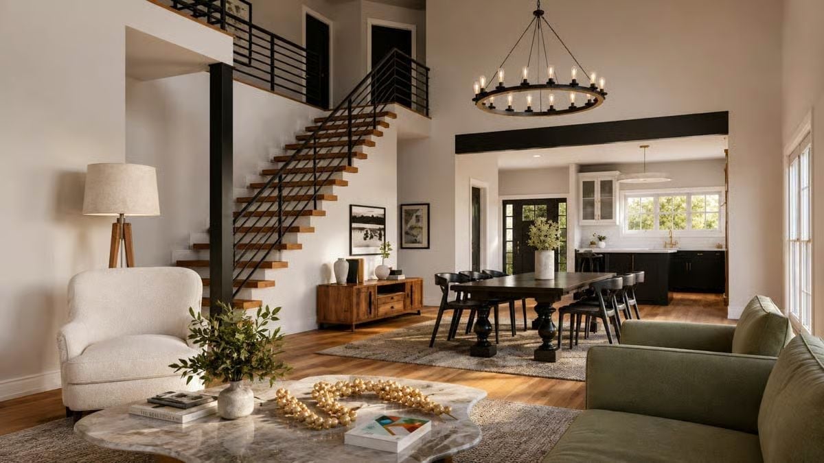Open-Tread Staircase Steals the Room Without Trying