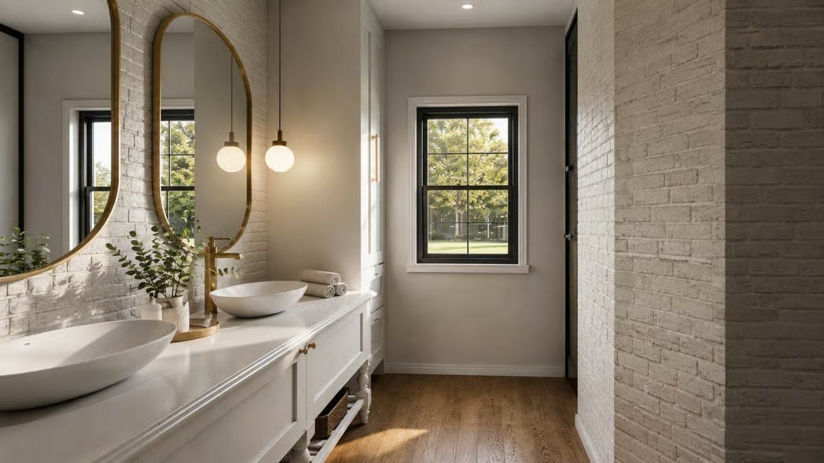 Vessel Sinks and Painted Brick Pull a Bathroom Out of Generic Territory