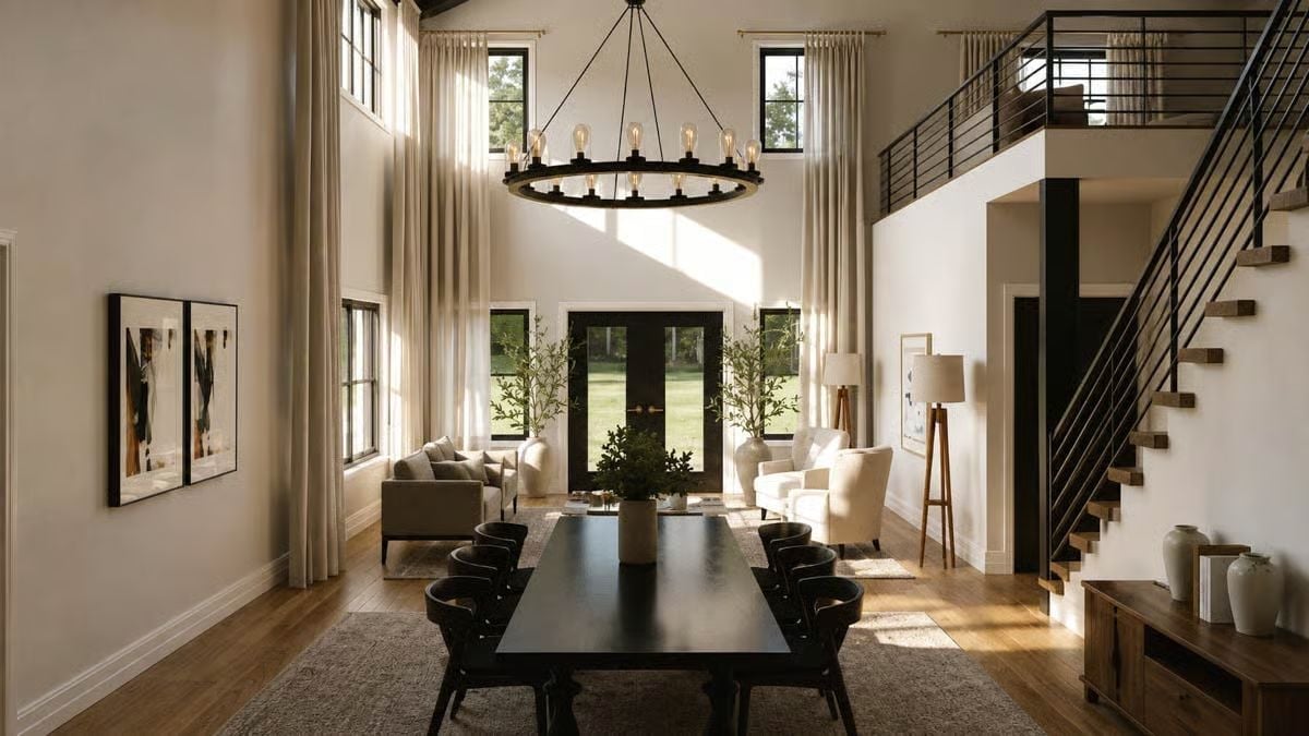 Wagon Wheel Chandelier Anchors a Double-Height Dining Room Built for Gathering