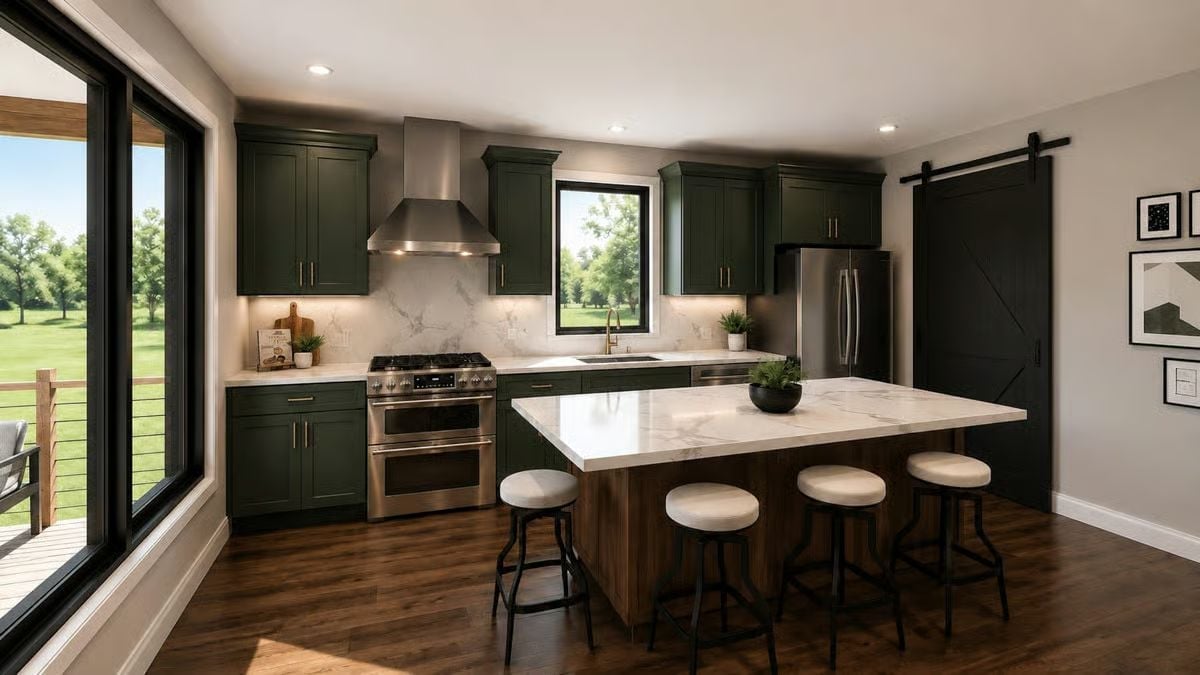 Dark Green Cabinets Earn Their Keep When the Island Base Is Raw Wood